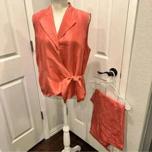 Jillian Jones Pink 100% silk, embroidered floral design 2 piece (pants & top)